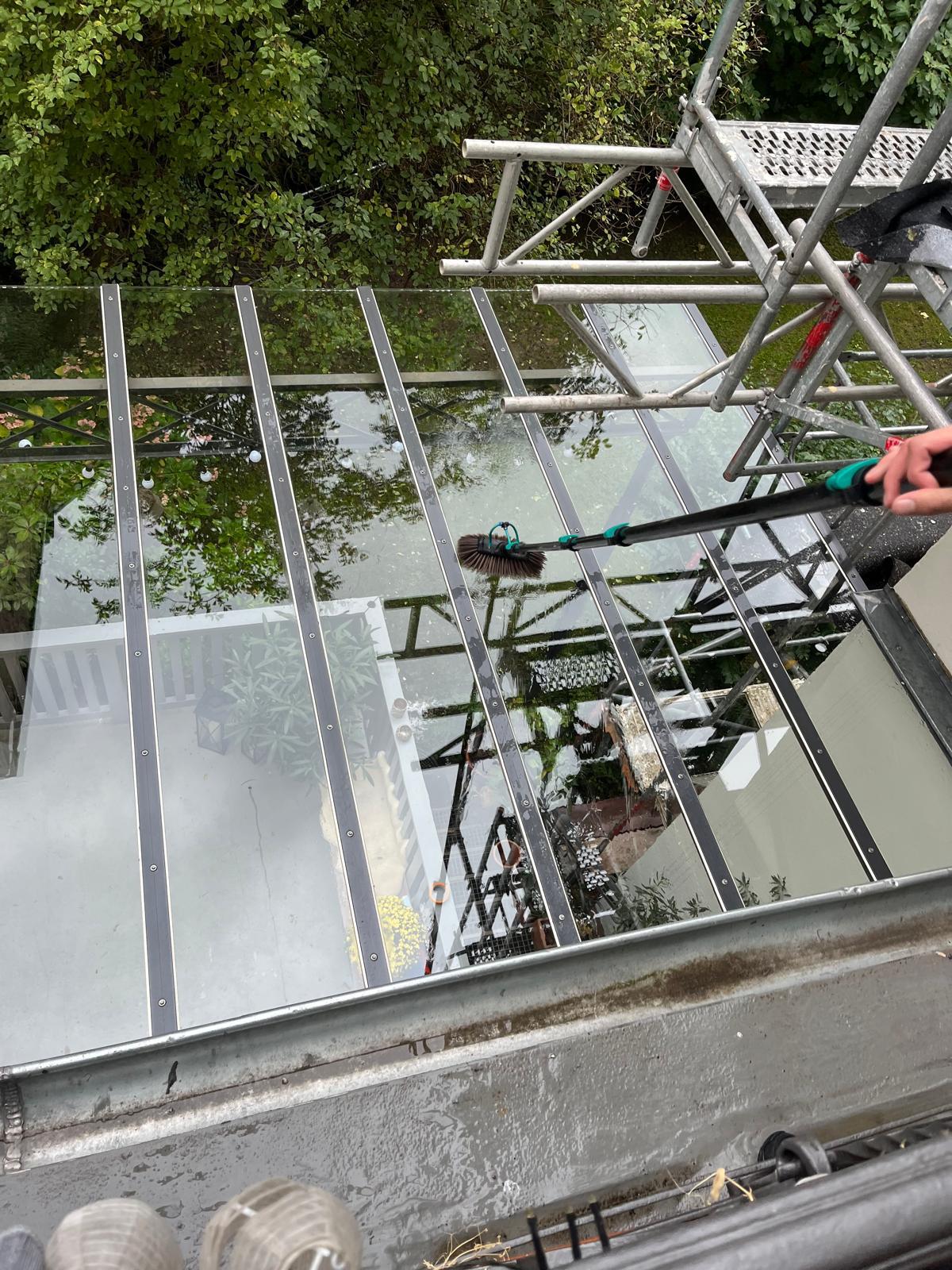 Glasdachreinigung im Einsatz mit Teleskopbürste