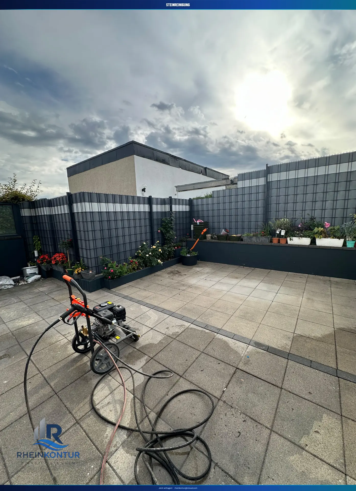 Steinreinigung einer Terrasse mit Hochdruckreiniger
